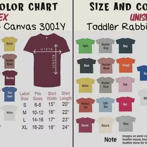 May include: A size and color chart for Bella + Canvas 3001Y and Toddler Rabbit Skins 3321 t-shirts. The chart displays various color swatches, a t-shirt outline with width and length arrows, and tables listing label sizes, fits, and measurements in inches.