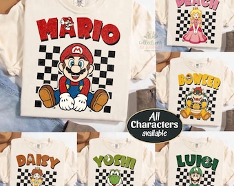 Chemise Super Mario à carreaux rétro, chemise de groupe familial Mario Peach Yoshi, cadeaux d'anniversaire de l'univers épique pour garçon/fille