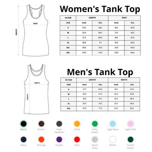 May include: A size chart for tank tops featuring two diagrams with length and width measurements in inches and centimeters. The chart includes tables for S through 3XL sizes and a color palette showing black, brown, dark heather, gold, kelly green, light blue, light pink, navy, orange, purple, red, sport grey, white, and forest green.