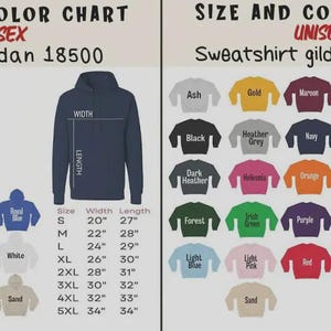 May include: A size and color chart for Gildan 18500 hoodies and Gildan 18000 sweatshirts. The chart displays various color swatches, a navy hoodie, a beige sweatshirt, and tables listing width, length, and sleeve measurements in inches.