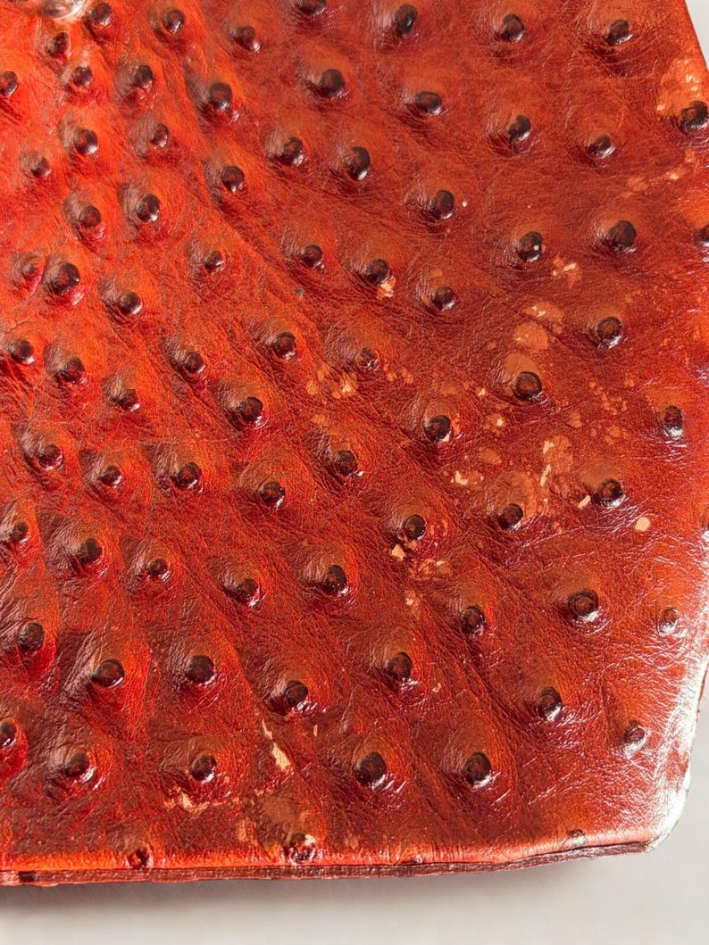 May include: Close-up of a textured, reddish-brown leather surface. The leather has a pattern of small, dark, raised bumps, creating a unique tactile appearance. The material appears to be a high-quality leather product.