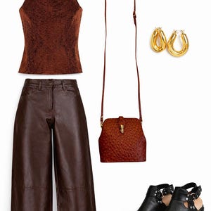 May include: An outfit comprising a brown sleeveless top, wide-leg brown trousers, a brown crossbody bag, gold hoop earrings, and black platform ankle boots. The items are arranged on a white backdrop.