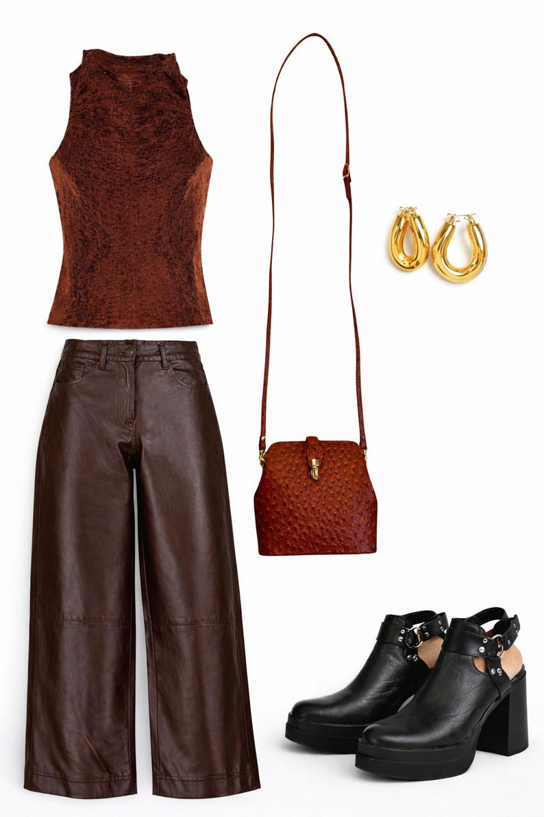 May include: An outfit comprising a brown sleeveless top, wide-leg brown trousers, a brown crossbody bag, gold hoop earrings, and black platform ankle boots. The items are arranged on a white backdrop.