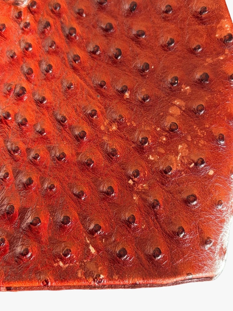 May include: Close-up of a textured, reddish-brown leather surface. The leather has a pattern of small, dark, raised bumps evenly spaced across the surface. The texture suggests a high-quality material, possibly used for a bag or other accessory.