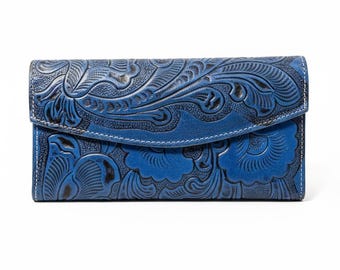 Royal Blue Tooled Leather Wallet | Ornamental Floral