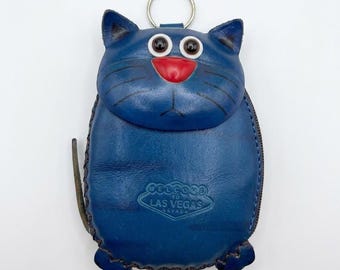 Vintage Leather Cat Coin Purse Keychain – Las Vegas Souvenir – Blue Kitsch Zipper Pouch