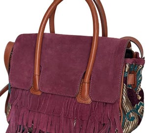 Sam Edelman Suede Fringe Satchel Burgundy Tapestry Boho Bag