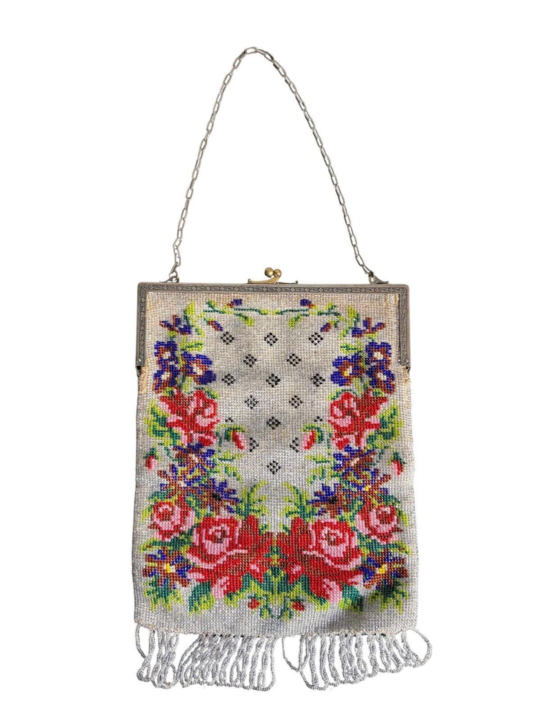 Antique Beaded Floral Purse With Fringe, Victorian Micro Bead Bag, Rose ...