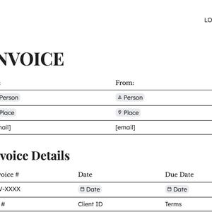 May include: A black and white invoice template with fields for recipient and sender information, including 'Person', 'Place', and email addresses. The document also includes sections for invoice details such as invoice number, date, and due date.