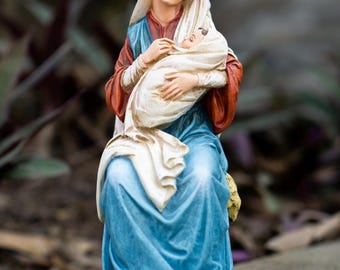 Estatua de la Virgen María con el Niño Jesús - Figura de la Virgen y el Niño - Decoración de la Natividad Católica - Poliresina pintada a mano (15 cm)