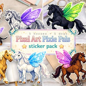 May include: A sticker pack featuring pixel art images of horses and dogs with fairy wings. The stickers include a variety of breeds and colors, with the text "Pixel Art Pixie Pals sticker pack".