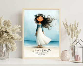 Personalisierte erste Kommunion Mädchen Druck | Mädchen im Kommunionkleid am Meer | Benutzerdefinierte religiöses Geschenk für Tochter | Digitaler Download