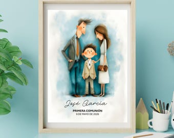 Personalisierte erste Kommunion Jungen Druck | Junge mit Eltern | Benutzerdefinierte Name & Datum | Erstkommunion Geschenk | Katholisches Familiengeschenk