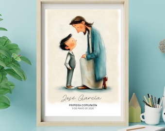 Personalisierte erste Kommunion Jungen Druck | Junge Begegnung mit Jesus | Benutzerdefinierte Name & Datum | Erstkommunion Geschenk | Katholisches Jungengeschenk