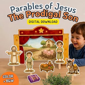 Könnte beinhalten: Ein Papiertheater-Set zur Darstellung der Gleichnisse Jesu vom verlorenen Sohn mit einer Bühne, Figuren, Schweinen im Stall, einem Esel und einem Tisch mit Speisen. Der Text lautet Parables of Jesus The Prodigal Son.