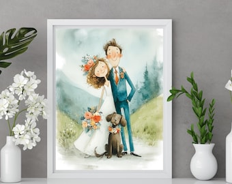 Wedding with Dog Print, Dog Lover Wedding Gift, Whimsical Bride and Groom Wall Art, Boho Newlywed Home Decor