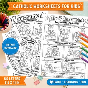 以下が含まれることがあります： 「The 7 Sacraments」と題された2枚の白いワークシート。宗教的な場面の白黒の線画イラスト、テキストの説明、中央にイエスの画像が描かれています。色鉛筆と小さな金属製のクリップがページの上に置かれています。