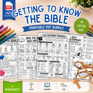 Könnte beinhalten: Ein druckbares PDF-Paket mit dem Titel Getting to Know the Bible, bestehend aus vier Arbeitsblättern mit schwarz-weißen Illustrationen, Zeitstrahlen und textlichen Zusammenfassungen des Alten und Neuen Testaments für Bildungszwecke.