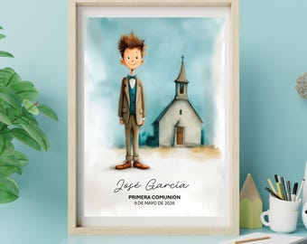 Personalisierte erste Kommunion Jungen Druck | Junge vor Kirche | Benutzerdefinierte Name & Datum | Erstkommunion Geschenk | Katholisches Jungengeschenk