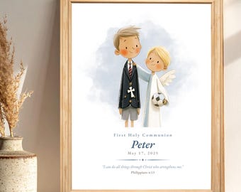 First Communion Gift Boy Soccer – Guardian Angel Print, Custom Name Catholic Keepsake, Digital Download
