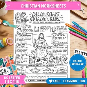 May include: A black and white educational worksheet titled Anatomy of Matthew, featuring a central illustration of Jesus surrounded by descriptive text boxes about his teachings, symbols, and biblical references, formatted for standard paper size.