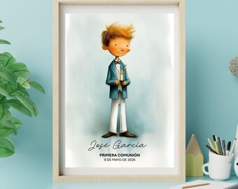 Personalisierte erste Kommunion Jungen Druck | Junge mit Kerze Anzug blau | Benutzerdefinierte Name & Datum | Erstkommunion Geschenk | Katholisches Jungengeschenk