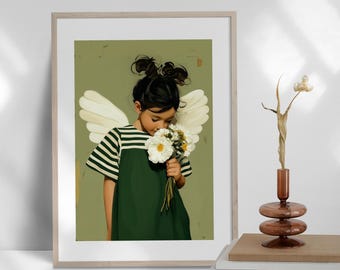 Angel Girl Flowers Print – Sage Green Catholic Nursery Wall Art, Guardian Angel Baptism Gift, Christian Kids Decor Digital Download