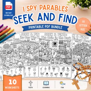 以下が含まれることがあります： 聖書のたとえ話をテーマにした10枚の探し絵ワークシートの印刷用PDFバンドル。聖書の場面を描いた白黒の線画イラストが含まれています。各ページには「The Coin in the Dark」や「Tiniest Seed」といったタイトルと、探すべきアイテムのリストが記載されています。