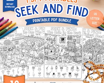 Bible Hidden Pictures Seek and Find for Kids | I Spy Parables Activity | 10 Sunday School VBS Printable Puzzles PDF