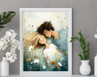 Romantic Couple Print, Lovers in Wildflowers Wall Art, Cozy Bedroom Decor, Anniversary Gift for Her, Printable Love Art