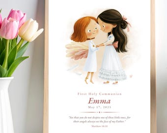 First Communion Girl Guardian Angel – Personalized Catholic Keepsake, Custom Name Print, Digital Download