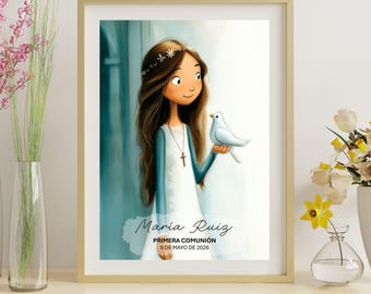 Personalisierte erste Kommunion Mädchen Druck | Mädchen mit Heiliger Geist Taube | Benutzerdefinierte Name & Datum | Erstkommunion Geschenk | Digitaler Download