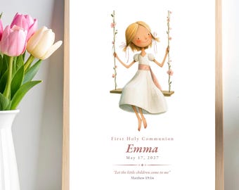 First Communion Girl Swing Print – Personalized Catholic Keepsake, Custom Name Gift, Digital Download