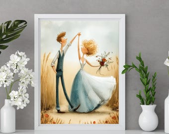 Whimsical Wedding Illustration, Dancing Bride and Groom Print, Rustic Boho Wedding Gift, Paper Anniversary Gift, Newlywed Wall Art Printable