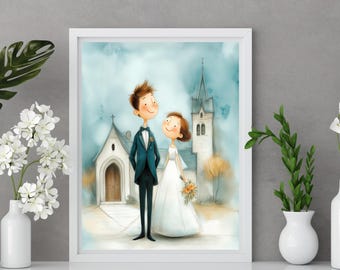 Church Wedding Gift Print, Cute Bride and Groom Wall Art, Whimsical Wedding Printable, Newlywed Home Decor