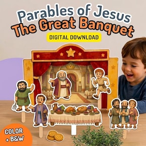 Puede incluir: Un set de teatro de marionetas de papel titulado Parables of Jesus The Great Banquet. Incluye un telón de fondo, varios recortes de personajes, una mesa de banquete y alimentos. El texto dice Parables of Jesus, The Great Banquet, DIGITAL DOWNLOAD y COLOR + B&W.