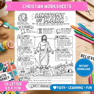 Puede incluir: Una hoja de trabajo cristiana en blanco y negro titulada Anatomy of Mark, que presenta una ilustración de Jesús con etiquetas para la cabeza, ojos, corazón, manos y pies, junto con texto sobre el Evangelio de Marcos en papel de 21.6 por 27.9 cm.