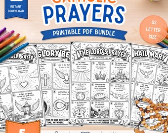 Catholic Prayers for Kids Coloring Bundle | Lord's Prayer Hail Mary Guardian Angel | First Communion CCD Printable PDF