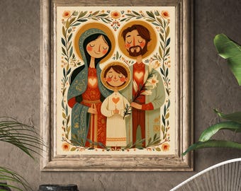 Three Hearts of Holy Family Print, Folk Art Catholic Illustration