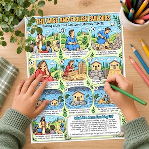 Puede incluir: Una colorida hoja de actividades educativas titulada The Wise and Foolish Builders, que presenta diez paneles de dibujos animados numerados que ilustran la parábola bíblica de Mateo 7:24-27, con texto descriptivo y un resumen.