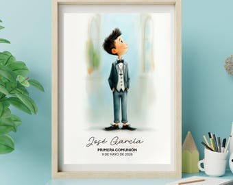 Personalisierte erste Kommunion Jungen Druck | Eleganter Junge Dunkler Anzug | Benutzerdefinierte Name & Datum | Erstkommunion Geschenk | Katholisches Jungengeschenk