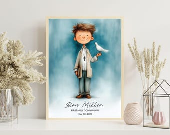 Personalisierter Kommunion-Jungen-Druck mit Taube | Heiliger Geist christliches Geschenk | Religiöse Kommunion Andenken Wandkunst | Digitaler Download