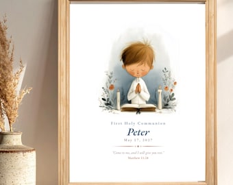 First Communion Gift Boy Personalized – Custom Name Print, Catholic Keepsake Wall Art, First Holy Communion Digital Download