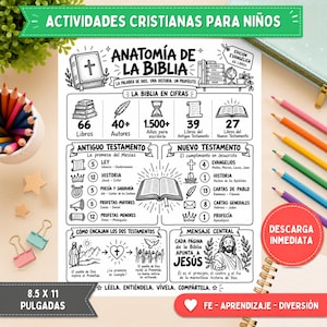 May include: A black and white educational activity sheet titled Anatomía de la Biblia, featuring illustrations of a Bible, books, and icons. It includes sections on the Old and New Testaments, statistics, and central messages in Spanish, measuring 8.5 by 11 inches.