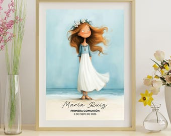 Personalisierte erste Kommunion Mädchen Druck | Beach Girl fließendes Kleid | Benutzerdefinierte Name & Datum | Erstkommunion Geschenk | Digitaler Download