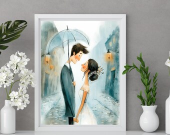 Rainy Wedding Print, Couple Under Umbrella Wall Art, Romantic Paris Wedding Gift, Whimsical Bride Groom Rain Decor Printable