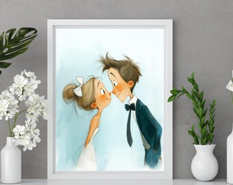 Nose to Nose Wedding Print, Cute Bride and Groom Wall Art, Funny Romantic Couple Gift, Whimsical Wedding Printable, Newlywed Decor