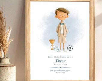 First Communion Soccer Boy Suit Print – Personalized Catholic Keepsake, Custom Name Gift, Digital Download