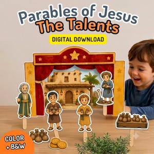 Puede incluir: Un set de manualidades titulado Parables of Jesus The Talents Digital Download que incluye un telón de fondo de escenario, cuatro figuras en palitos, una caja de madera con bolsas de monedas y monedas de oro. Incluye opciones en color y blanco y negro.