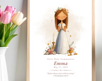 First Communion Praying Girl Print – Personalized Catholic Keepsake, Custom Name Gift, Digital Download